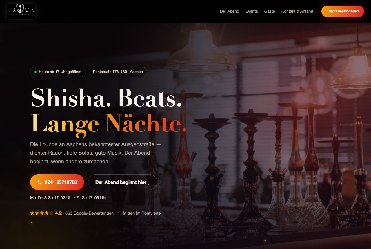 Arbeitsprobe: Demo-Webseite der Lava Lounge Aachen mit dunklem Design und Anruf-Button