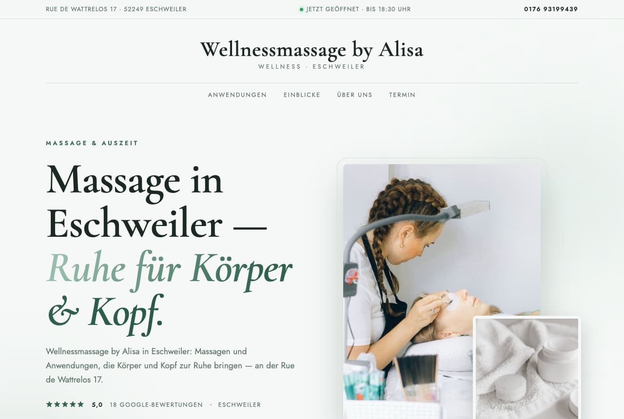 Arbeitsprobe: Vorschau-Webseite eines Massagestudios aus Eschweiler mit hellem, ruhigem Design und Anruf-Knopf